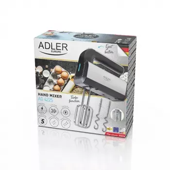Rokas mikseris Adler AD 4225 — 5 ātrumi, turbo, 300 W, nerūsējošais/sudraba-melns, putotāji un mīklas āķi