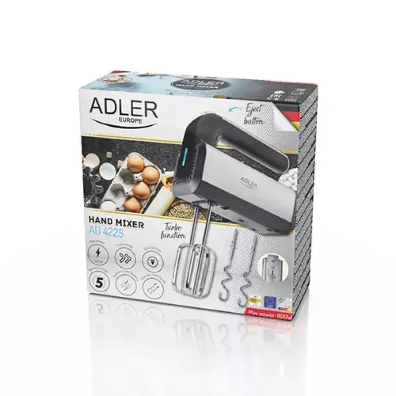Rokas mikseris Adler AD 4225 — 5 ātrumi, turbo, 300 W, nerūsējošais/sudraba-melns, putotāji un mīklas āķi