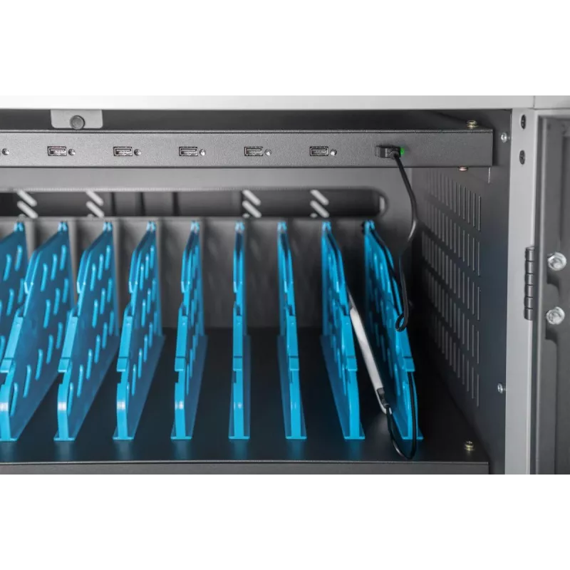 DIGITUS uzlādes ratiņi 30 uzlādes vietām, 15.6 inch, melns 1100 x 700 x 650 mm, iekļ. USB, PDU, ventilators
