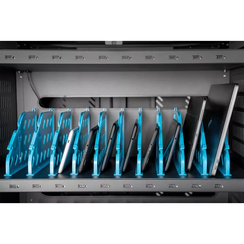 DIGITUS uzlādes ratiņi 30 uzlādes vietām, 15.6 inch, melns 1100 x 700 x 650 mm, iekļ. USB, PDU, ventilators