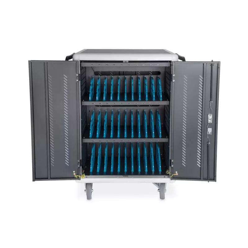 DIGITUS uzlādes ratiņi 30 uzlādes vietām, 15.6 inch, melns 1100 x 700 x 650 mm, iekļ. USB, PDU, ventilators