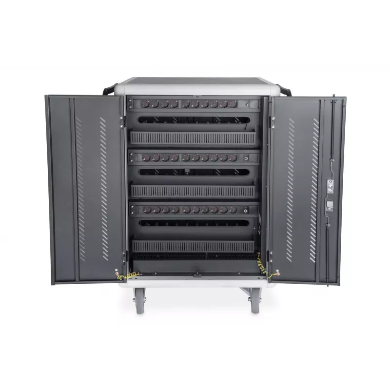 DIGITUS uzlādes ratiņi 30 uzlādes vietām, 15.6 inch, melns 1100 x 700 x 650 mm, iekļ. USB, PDU, ventilators