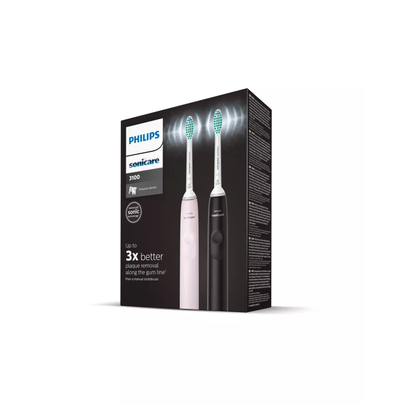 Philips Sonicare 3100 sērijas HX3675/15 2 gab. komplekts soniskās elektriskās zobu birstes – melnā un rozā krāsā