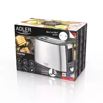 Toasteris Adler AD 3214, 2 šķēles, nerūsējošais tērauds, 900 W, 7 grauzdēšanas līmeņi, atkausēšana/uzsildīšana/automātiskā izslēgšanās