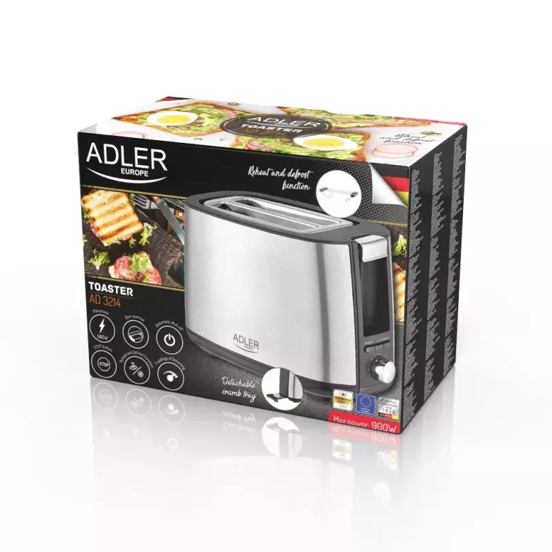 Toasteris Adler AD 3214, 2 šķēles, nerūsējošais tērauds, 900 W, 7 grauzdēšanas līmeņi, atkausēšana/uzsildīšana/automātiskā izslēgšanās