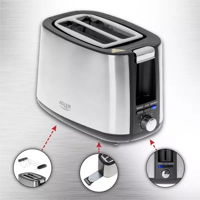 Toasteris Adler AD 3214, 2 šķēles, nerūsējošais tērauds, 900 W, 7 grauzdēšanas līmeņi, atkausēšana/uzsildīšana/automātiskā izslēgšanās