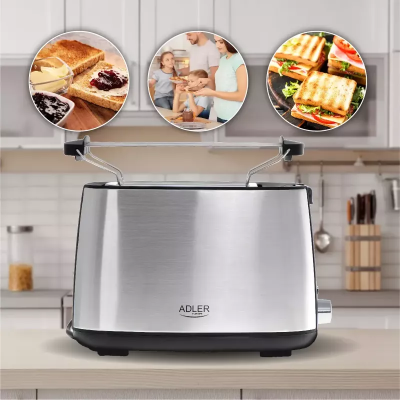 Toasteris Adler AD 3214, 2 šķēles, nerūsējošais tērauds, 900 W, 7 grauzdēšanas līmeņi, atkausēšana/uzsildīšana/automātiskā izslēgšanās
