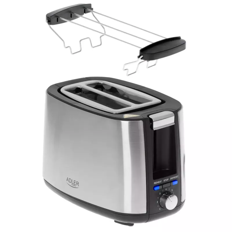 Toasteris Adler AD 3214, 2 šķēles, nerūsējošais tērauds, 900 W, 7 grauzdēšanas līmeņi, atkausēšana/uzsildīšana/automātiskā izslēgšanās
