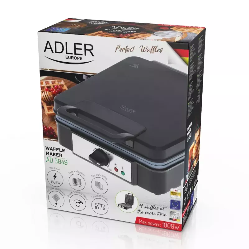 Vafeļu dzelzs Adler AD 3049, 4 kvadrātveida vafeles, nepiedegošs pārklājums, 1800 W, melna