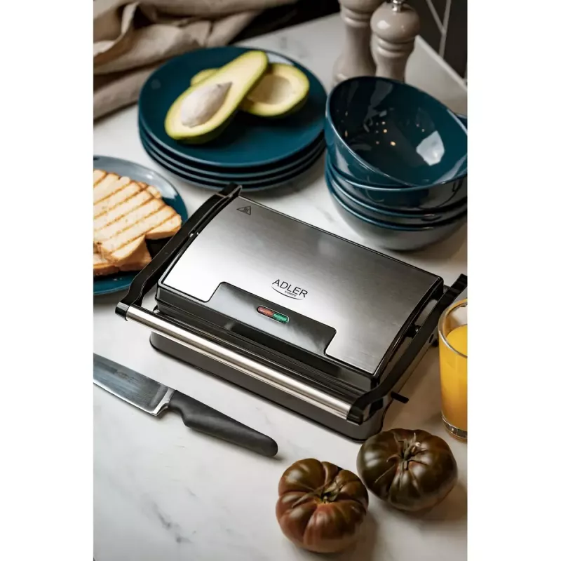Kontaktgrils Adler AD 3052 taisnstūra tērauda/melns, 1200 W, režģa virsma, bloķējams vāks
