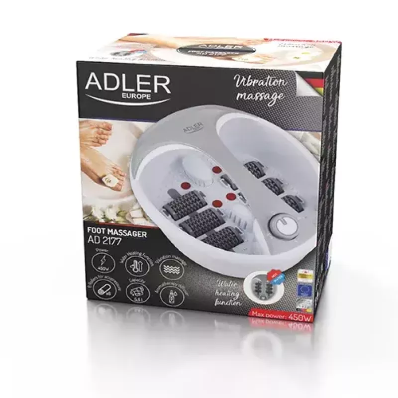 Kāju vanna Adler AD 2177 — infrasarkanais pēdu masieris ar sildīšanu, vibrāciju, burbuļiem, 450 W, 5,6 L tvertne, ergonomisks rokturis