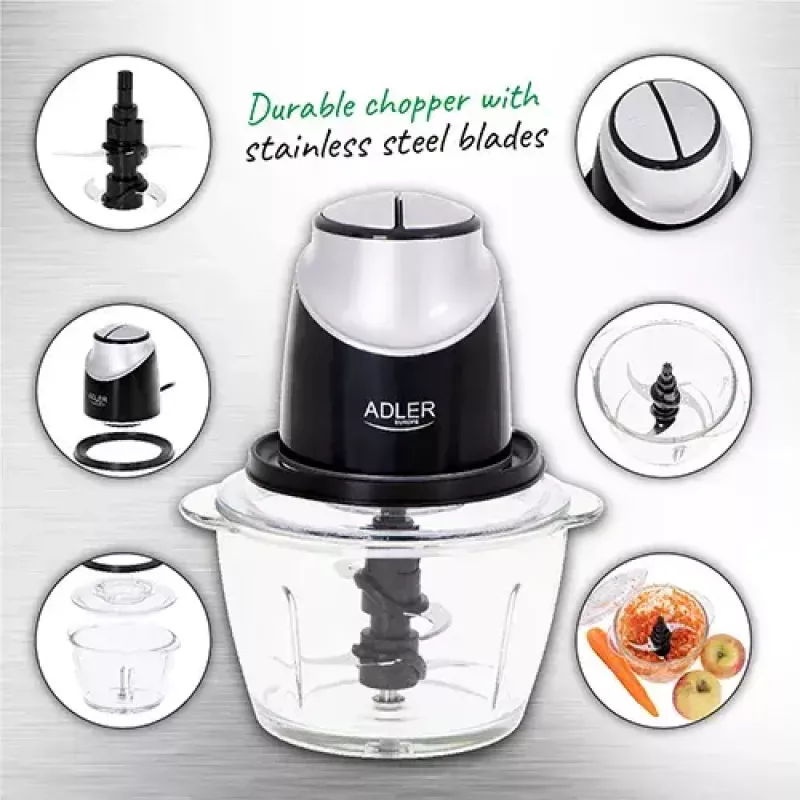 Elektriskais pārtikas smalcinātājs Adler AD 4082, 1,2 L stikla trauks, 300 W, 2 ātrumi, impulsa režīms, nerūsējošā tērauda asmeņi
