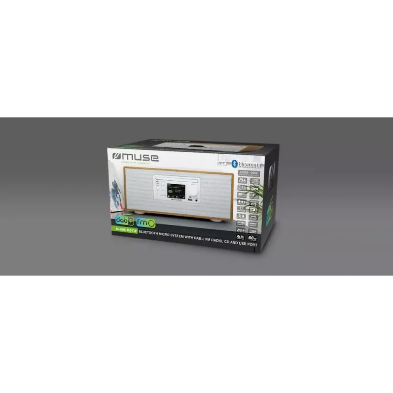 Personīgais radio Muse M-695 DBTW — DAB/DAB+/FM digitālais uztvērējs, 2,8 collu TFT, 60W RMS, maiņstrāva/līdzstrāva, koks/balts