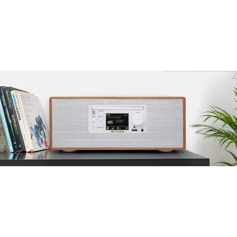 Personīgais radio Muse M-695 DBTW — DAB/DAB+/FM digitālais uztvērējs, 2,8 collu TFT, 60W RMS, maiņstrāva/līdzstrāva, koks/balts