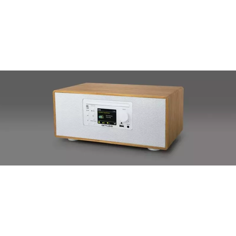 Personīgais radio Muse M-695 DBTW — DAB/DAB+/FM digitālais uztvērējs, 2,8 collu TFT, 60W RMS, maiņstrāva/līdzstrāva, koks/balts