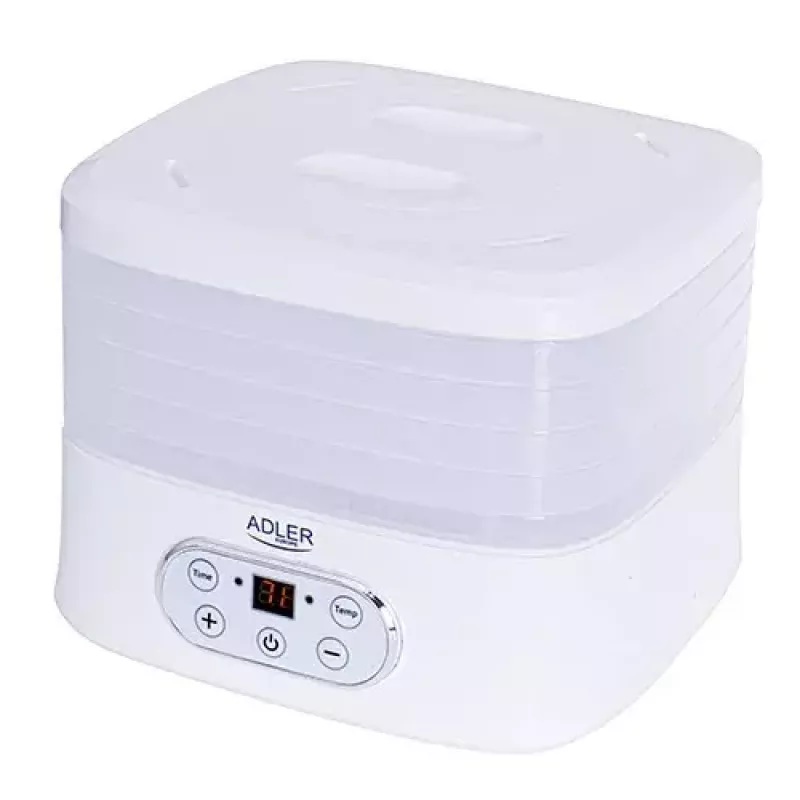 Pārtikas žāvētājs Adler AD 6658, 5 paliktņi, LCD taimeris 70 st., 35–70°C, 230W (maks. 550W), balts