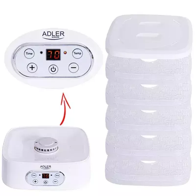 Pārtikas žāvētājs Adler AD 6658, 5 paliktņi, LCD taimeris 70 st., 35–70°C, 230W (maks. 550W), balts