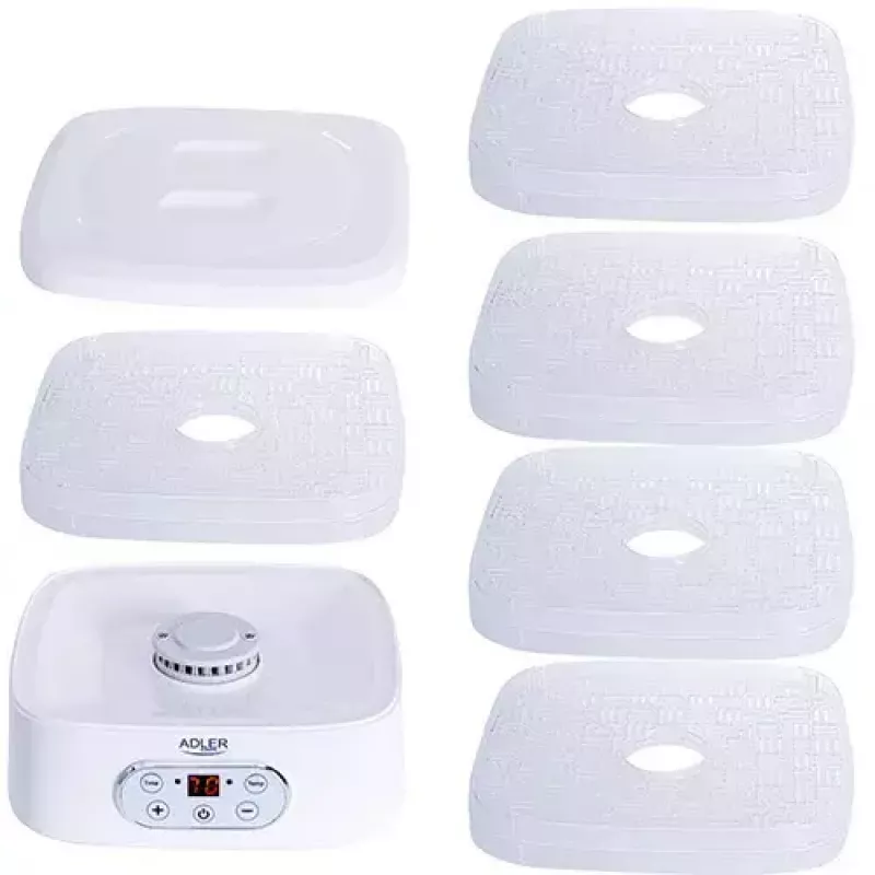 Pārtikas žāvētājs Adler AD 6658, 5 paliktņi, LCD taimeris 70 st., 35–70°C, 230W (maks. 550W), balts