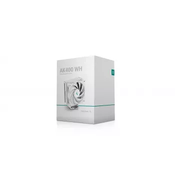 Gaisa dzesētājs DeepCool AK400 WH — 4×6 mm vara siltuma caurules, 120 mm FDB ventilators, 1850 RPM, 66,47 CFM, piemērots LGA 1700 un izplatītākajiem Intel/AMD ligzdām, balts
