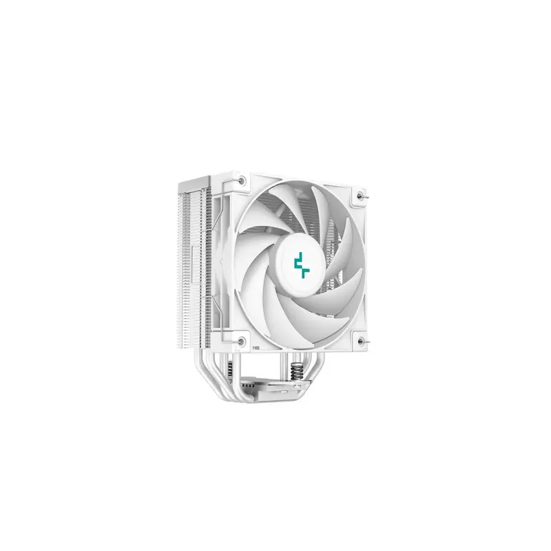 Gaisa dzesētājs DeepCool AK400 WH — 4×6 mm vara siltuma caurules, 120 mm FDB ventilators, 1850 RPM, 66,47 CFM, piemērots LGA 1700 un izplatītākajiem Intel/AMD ligzdām, balts