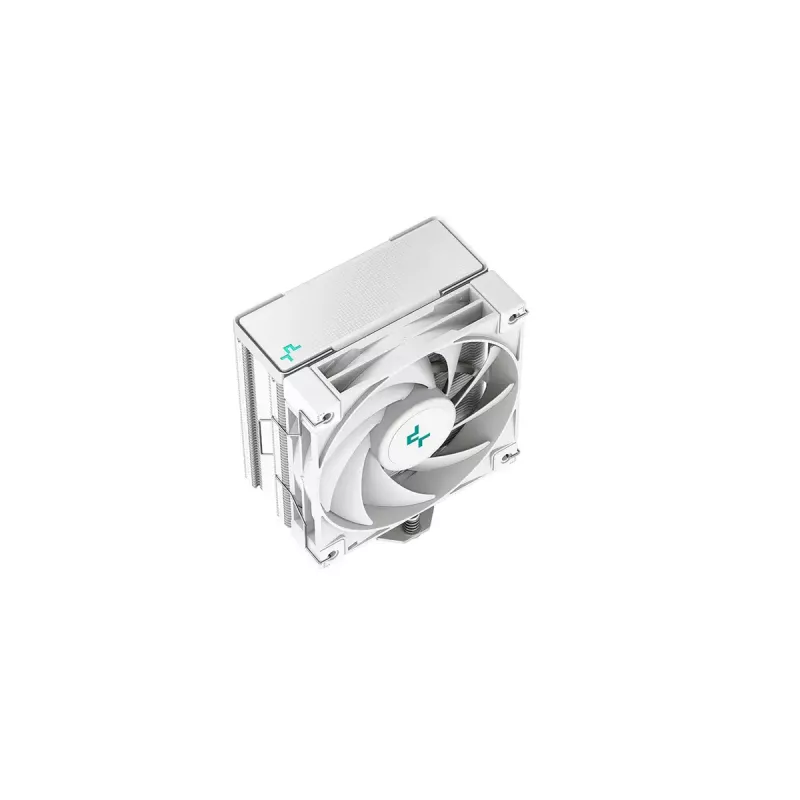 Gaisa dzesētājs DeepCool AK400 WH — 4×6 mm vara siltuma caurules, 120 mm FDB ventilators, 1850 RPM, 66,47 CFM, piemērots LGA 1700 un izplatītākajiem Intel/AMD ligzdām, balts