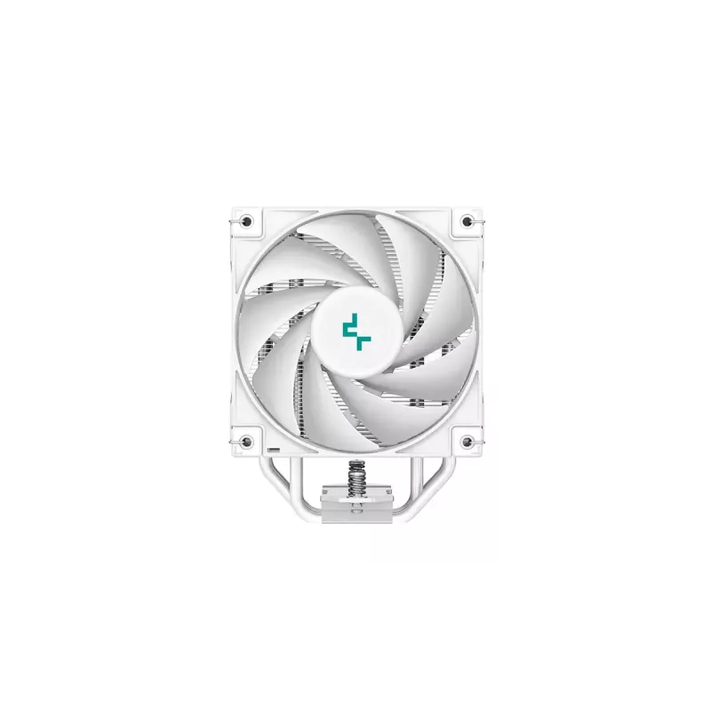 Gaisa dzesētājs DeepCool AK400 WH — 4×6 mm vara siltuma caurules, 120 mm FDB ventilators, 1850 RPM, 66,47 CFM, piemērots LGA 1700 un izplatītākajiem Intel/AMD ligzdām, balts