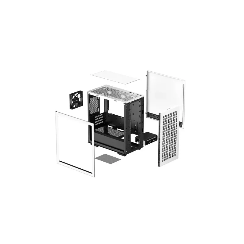 PC korpuss DeepCool CH370 WH Mini Tower — balts, micro ATX/Mini-ITX, rūdīts stikls, RGB ventilatori, 2x 3,5 collu sloti, 3x 2,5 collu sloti, GPU līdz 320 mm