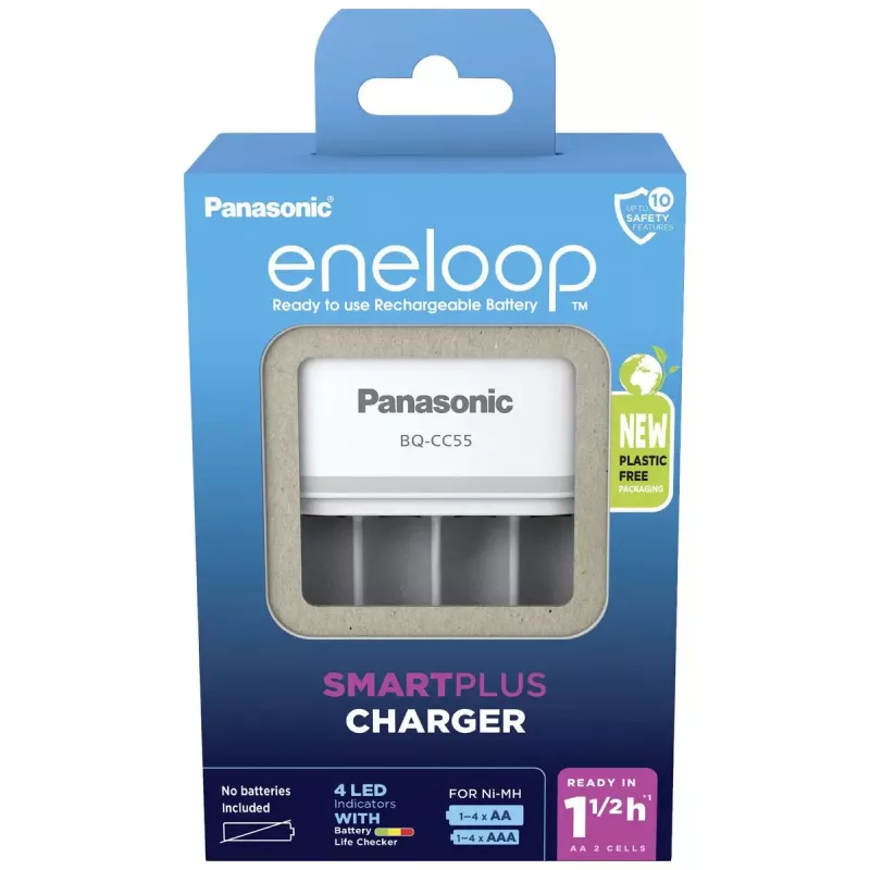 Bateriju lādētājs Panasonic BQ-CC55E — kompakts NiMH/NiCd lādētājs AA/AAA uzlādējamām baterijām