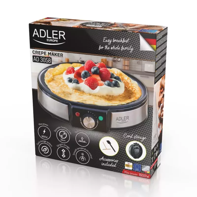 Crepe Maker Adler AD 3058 1600 W Melns Stainless Steel