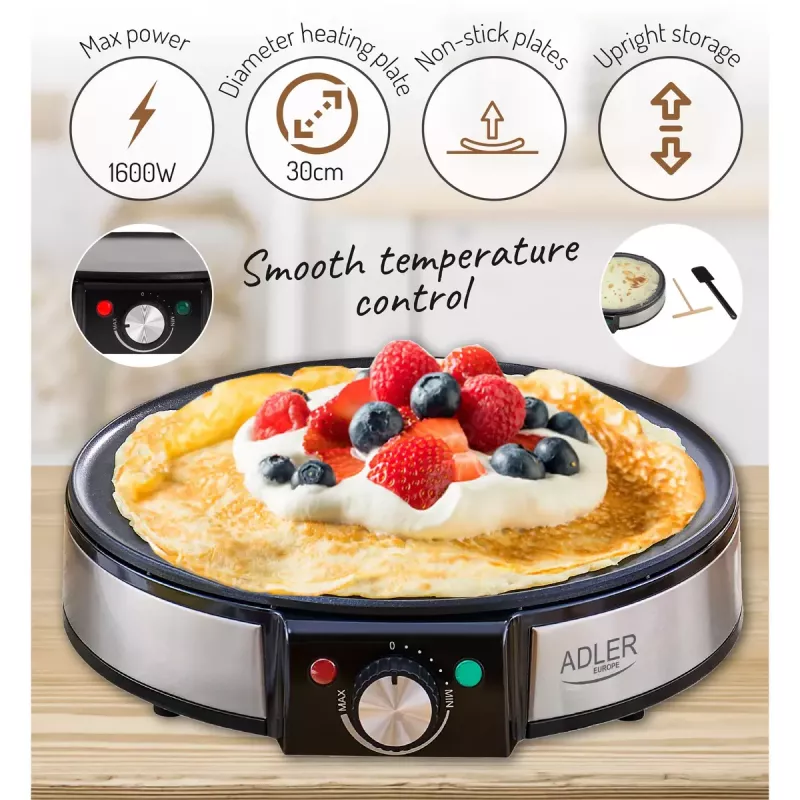 Crepe Maker Adler AD 3058 1600 W Melns Stainless Steel