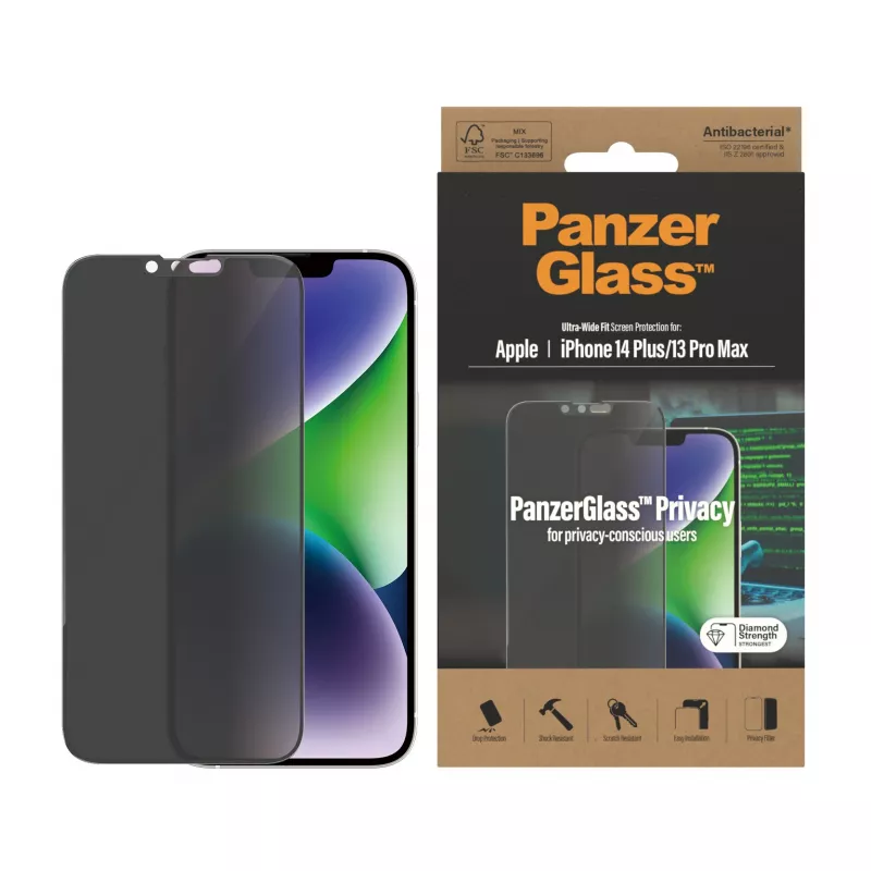 Privātuma ekrāna aizsargstikls PanzerGlass Apple iPhone 14 Plus 13 Pro Max aizsardzība pret skrāpējumiem un triecieniem