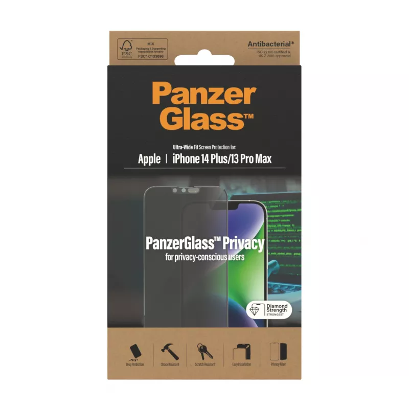 Privātuma ekrāna aizsargstikls PanzerGlass Apple iPhone 14 Plus 13 Pro Max aizsardzība pret skrāpējumiem un triecieniem