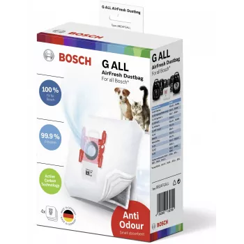 Putekļu maiss cilindriskajam putekļsūcējam Bosch BBZAFGALL — 4 gab. iepakojumā, balts, 240×75×165 mm, 100 g katrs