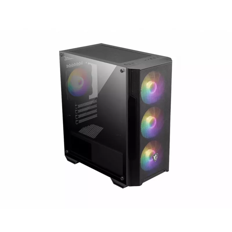 PC korpuss MSI MAG FORGE M100A Micro Tower Melns ar rūdītu stiklu, 3x120mm priekšējie ventilatori, RGB, microATX/Mini‑ITX