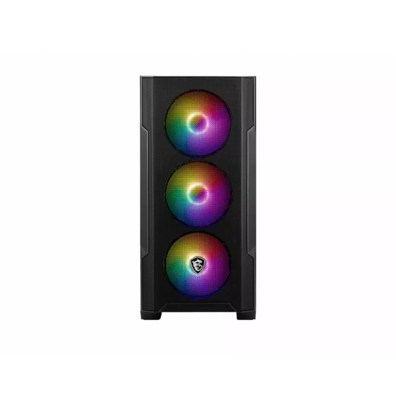 PC korpuss MSI MAG FORGE M100A Micro Tower Melns ar rūdītu stiklu, 3x120mm priekšējie ventilatori, RGB, microATX/Mini‑ITX