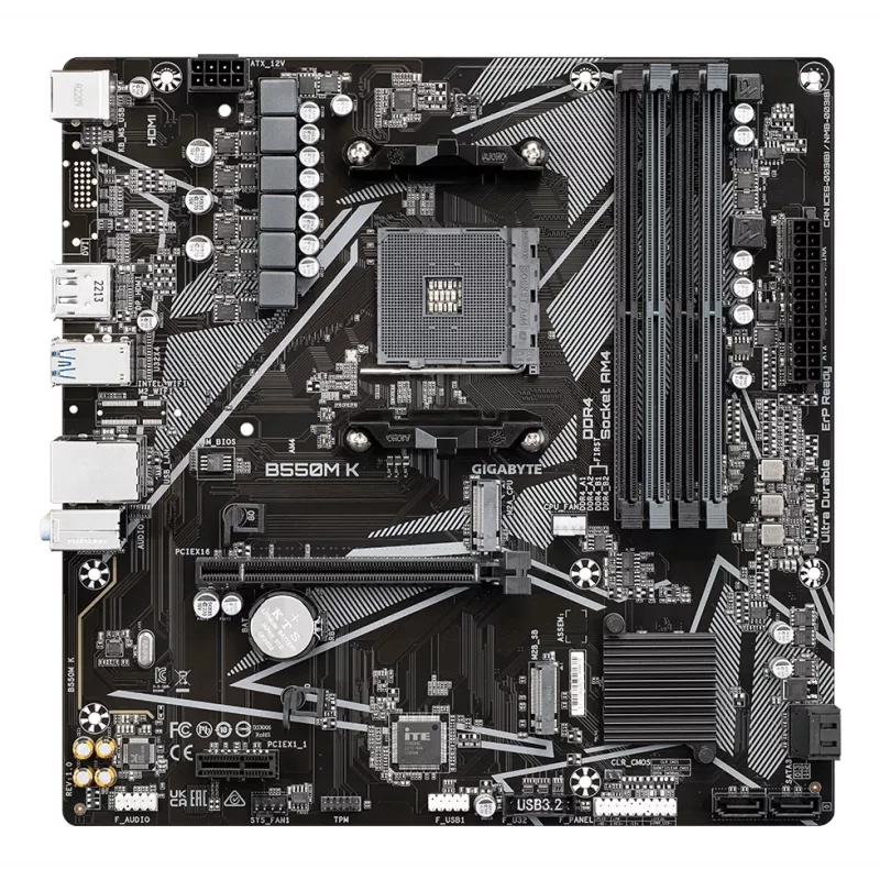 GIGABYTE B550M K mātesplate - AMD Ryzen 5000 procesori, līdz 4733MHz DDR4, 1xPCIe 4.0 + 1xPCIe 3.0 M.2, 1GbE LAN, USB 3.2 Gen 1