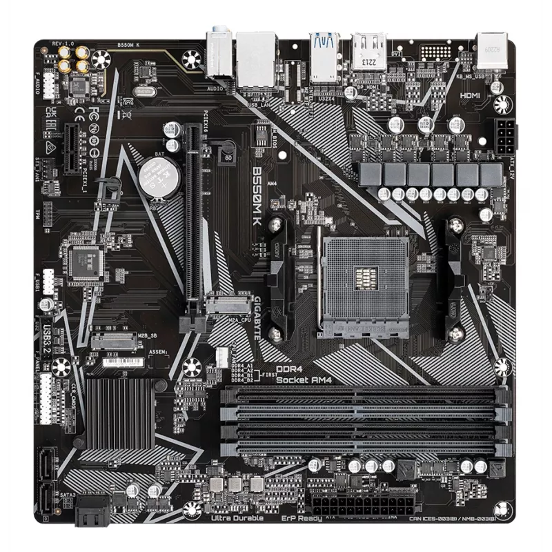 GIGABYTE B550M K mātesplate - AMD Ryzen 5000 procesori, līdz 4733MHz DDR4, 1xPCIe 4.0 + 1xPCIe 3.0 M.2, 1GbE LAN, USB 3.2 Gen 1