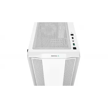 PC korpuss DeepCool CC360 WH ARGB Mini Tower White — Micro‑ATX/Mini‑ITX, rūdīts stikls, 2x 3.5 collu + 3x 2.5 collu, 2x priekšējie 120 mm ventilatori