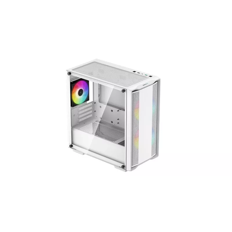 PC korpuss DeepCool CC360 WH ARGB Mini Tower White — Micro‑ATX/Mini‑ITX, rūdīts stikls, 2x 3.5 collu + 3x 2.5 collu, 2x priekšējie 120 mm ventilatori