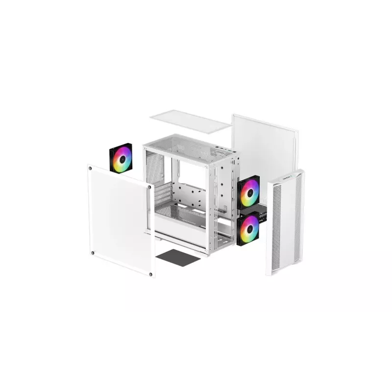 PC korpuss DeepCool CC360 WH ARGB Mini Tower White — Micro‑ATX/Mini‑ITX, rūdīts stikls, 2x 3.5 collu + 3x 2.5 collu, 2x priekšējie 120 mm ventilatori