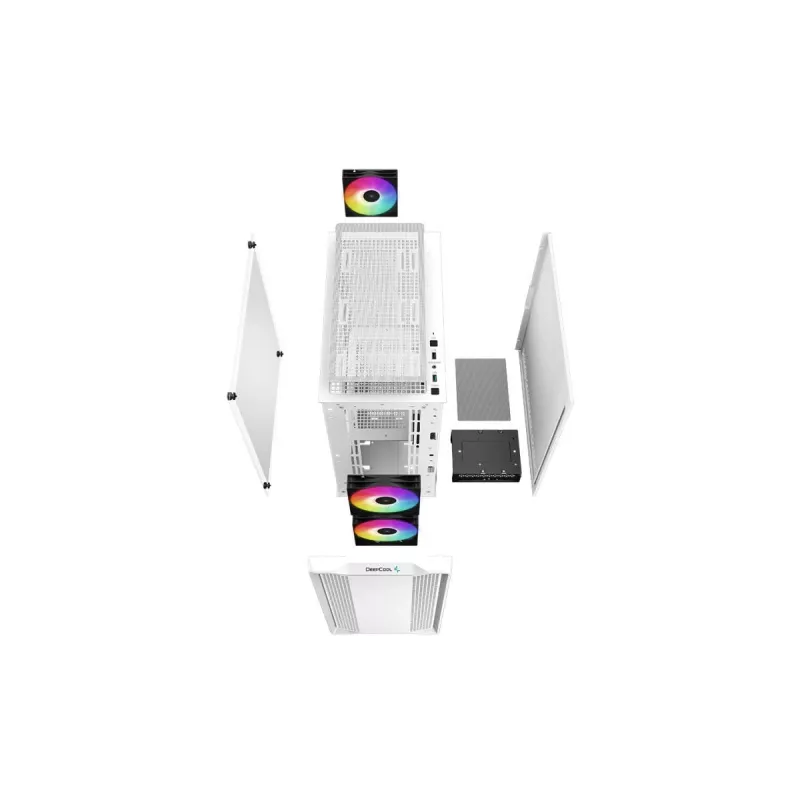 PC korpuss DeepCool CC360 WH ARGB Mini Tower White — Micro‑ATX/Mini‑ITX, rūdīts stikls, 2x 3.5 collu + 3x 2.5 collu, 2x priekšējie 120 mm ventilatori