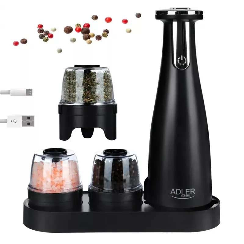 Sāls un piparu dzirnaviņu komplekts Adler AD 4449B — nerūsējošais tērauds/melns, 150 ml ietilpība, litija baterija, 80×80×263 mm