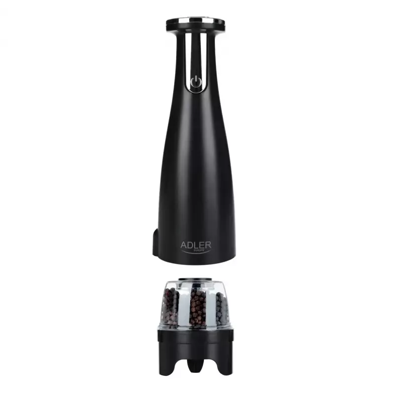 Sāls un piparu dzirnaviņu komplekts Adler AD 4449B — nerūsējošais tērauds/melns, 150 ml ietilpība, litija baterija, 80×80×263 mm