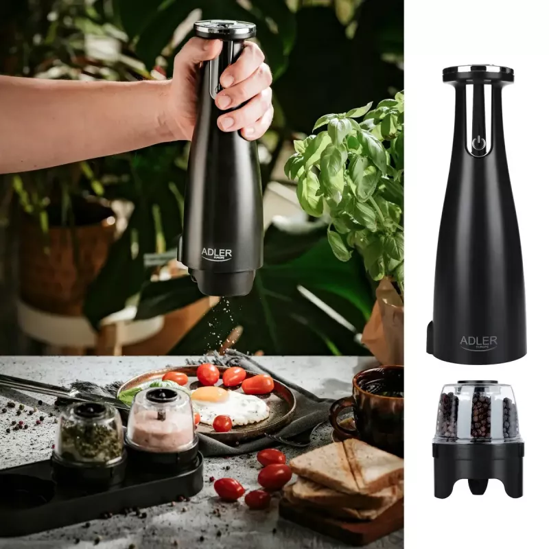 Sāls un piparu dzirnaviņu komplekts Adler AD 4449B — nerūsējošais tērauds/melns, 150 ml ietilpība, litija baterija, 80×80×263 mm