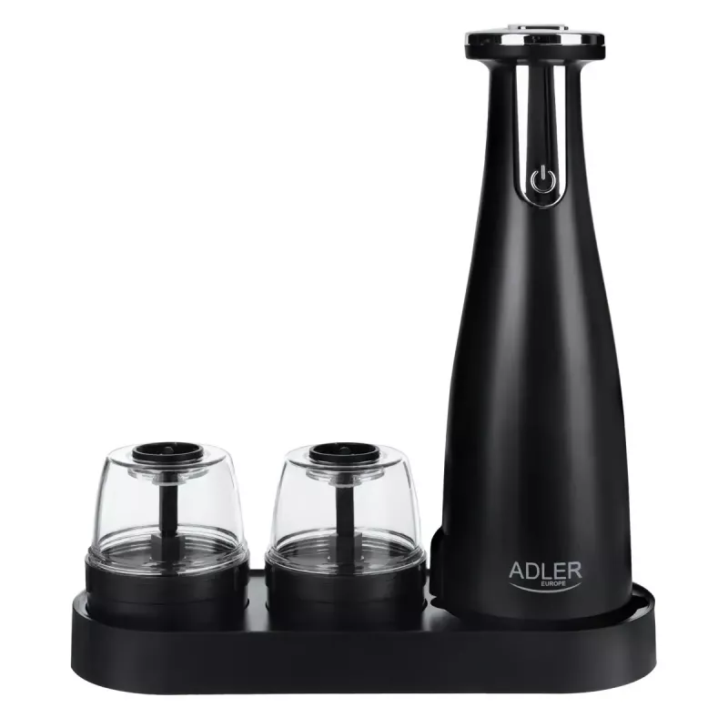 Sāls un piparu dzirnaviņu komplekts Adler AD 4449B — nerūsējošais tērauds/melns, 150 ml ietilpība, litija baterija, 80×80×263 mm