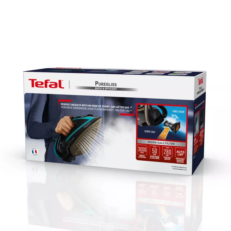 Tefal Puregliss FV8066 gludeklis ar sausu un tvaika gludināšanu, Durilium AirGlide Autoclean zole, 3000 W, melns, zils
