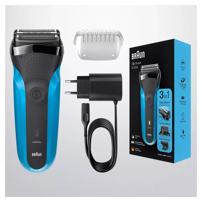 Braun Series 3 310BT elektriskais skuveklis - mitrās un sausās skūšanas folijas skuveklis ar bārdas trimmera uzgaļiem