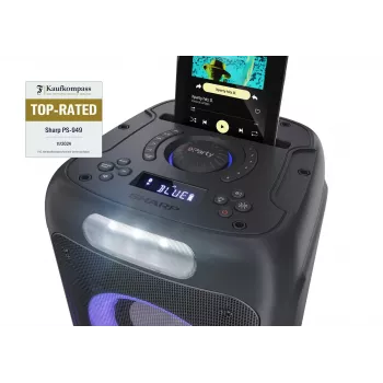 Ballīšu skaļrunis Sharp PS-949 — 2.1 kanāli, 132 W PMPO, 8 collu zemfrekvences skaļrunis, Bluetooth A2DP/AVRCP, vadu un bezvadu, melna, plastmasas korpuss
