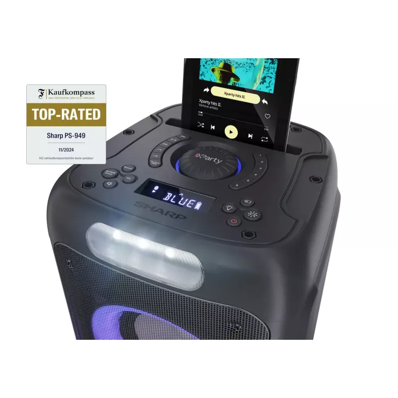 Ballīšu skaļrunis Sharp PS-949 — 2.1 kanāli, 132 W PMPO, 8 collu zemfrekvences skaļrunis, Bluetooth A2DP/AVRCP, vadu un bezvadu, melna, plastmasas korpuss