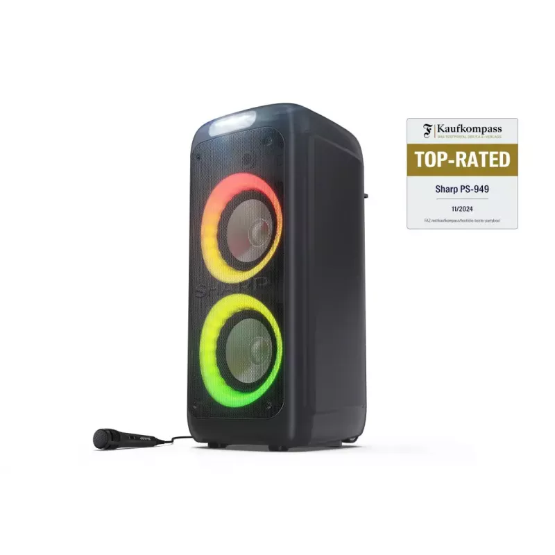Ballīšu skaļrunis Sharp PS-949 — 2.1 kanāli, 132 W PMPO, 8 collu zemfrekvences skaļrunis, Bluetooth A2DP/AVRCP, vadu un bezvadu, melna, plastmasas korpuss